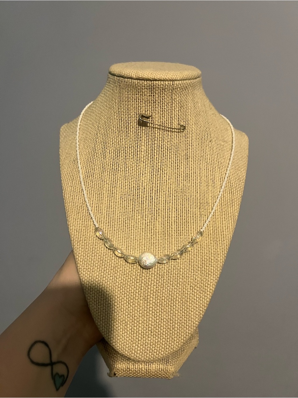 #182. Handmade White Seed Bead Necklace with Baroque Pearl & AB beads